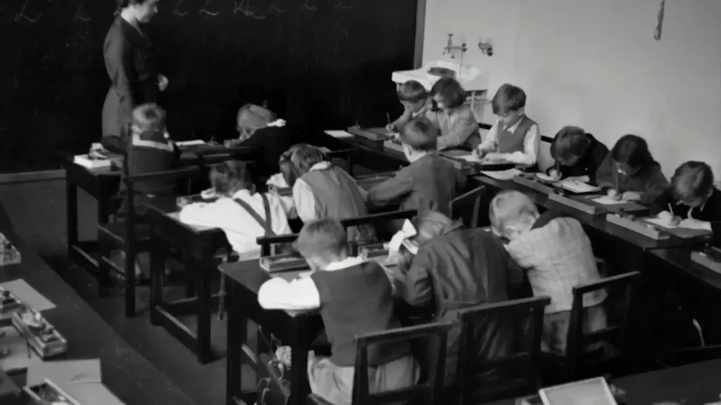 Historyczna fotografia z lat 30. XX wieku przedstawiająca nauczycielkę w klasie przy tablicy.
