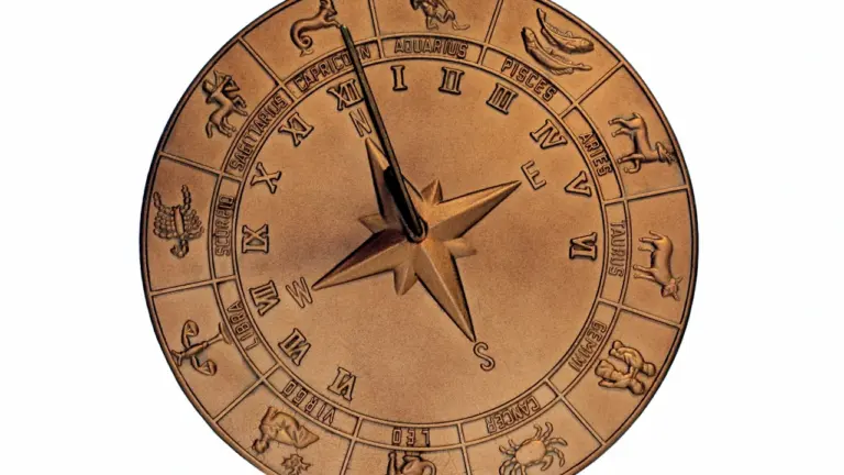 Złota tarcza z wygrawerowanymi symbolami zodiaku w formie antycznego zegara słonecznego na białym tle.