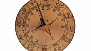 Złota tarcza z wygrawerowanymi symbolami zodiaku na białym tle, horoskop na piątek.